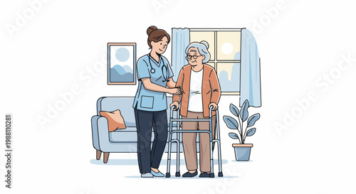 Nurse assists elderly woman with walker in cozy room