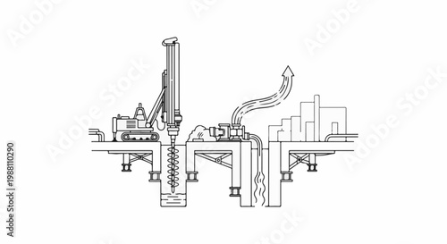 Diagram shows drilling rig and equipment extracting resources from ground