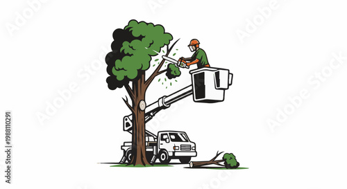 Arborist in bucket truck pruning tree branches with chainsaw