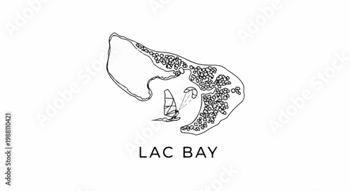 Sketch of a bay with windsurfing and kitesurfing activities depicted