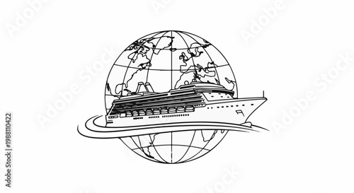 A stylized line drawing of a modern cruise ship sailing around a globe