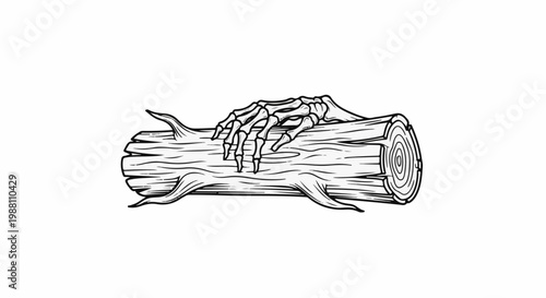 A skeletal hand rests on a textured wooden log with rough bark