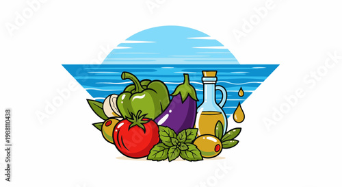 Fresh Mediterranean vegetables and olive oil with a sea backdrop