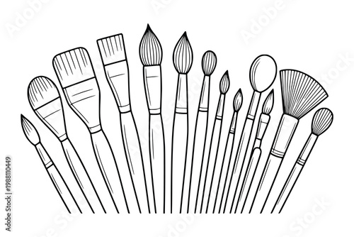 Assortment of artist paint brushes lined up in a fan shape showcasing different brush types and sizes for various painting techniques and artistic endeavors.