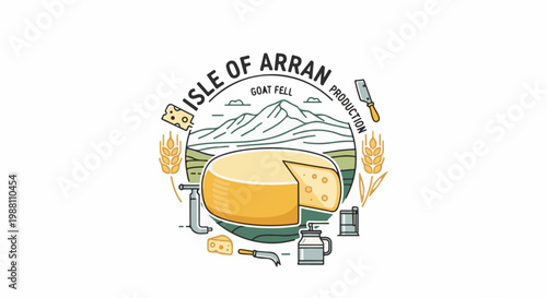 Circular logo with cheese, mountains, wheat, and dairy equipment