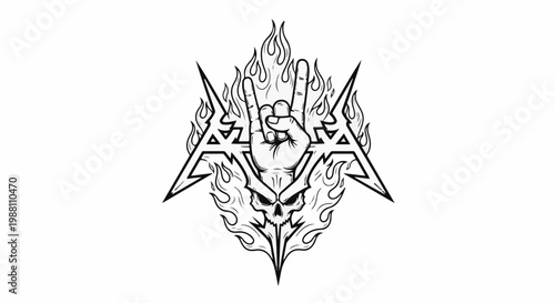 Heavy metal symbol with hand gesture, skull, and flames