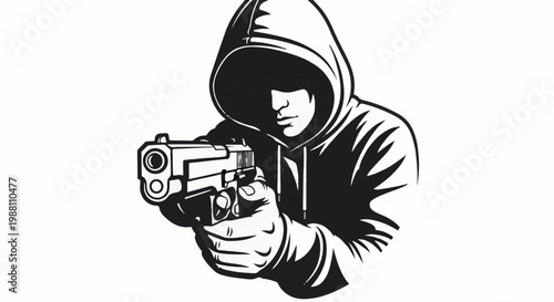 Silhouette of a person in a hooded jacket aiming a handgun forward