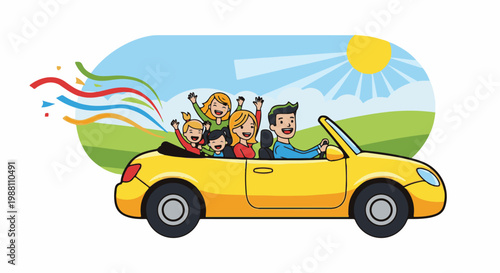 Cheerful family in yellow convertible enjoys sunny day with colorful streamers