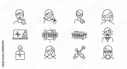 Icons representing mental health, therapy, and stress relief