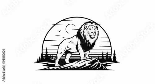 Majestic lion stands on a rocky outcrop at sunset with trees