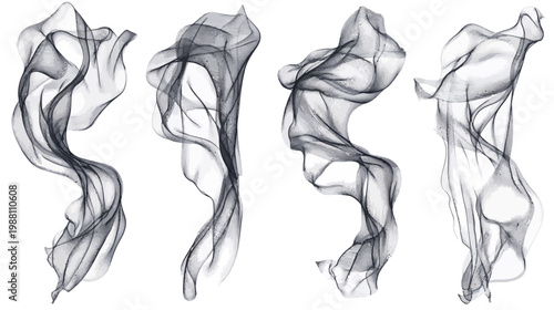 Four abstract renderings of stylized fabric, in grayscale, set against a white background