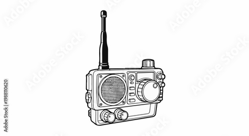 A detailed illustration of a portable two-way radio with an antenna and controls