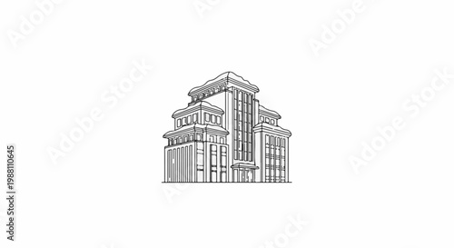 Stylized line drawing of a multi-level building with tiered roofs and windows