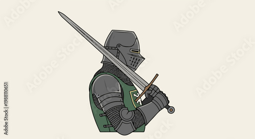 Armored knight with sword on shoulders, medieval warrior, green tunic, grey helm
