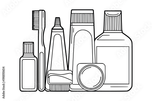 Dental hygiene products collection for oral care routine including toothbrush toothpaste mouthwash and dental floss line art illustration on white background for health and wellness design.