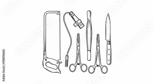 Medical surgical instruments including a saw, forceps, scissors, and a scalpel