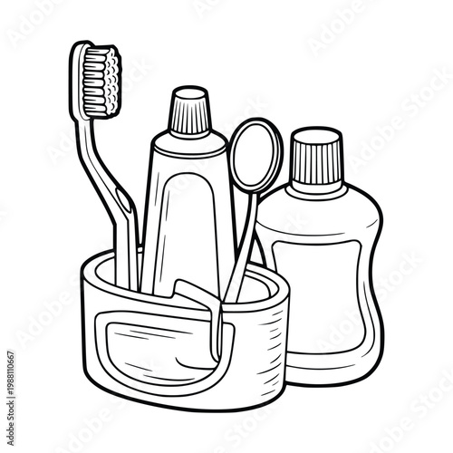 Dental hygiene set in a holder toothbrush toothpaste dental mirror and mouthwash bottle presented in clean line art style for healthcare or personal care concepts.