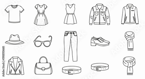 A collection of black and white line art icons for clothing and accessories