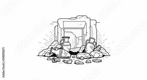 Ancient pottery scattered around a cracked stone doorway