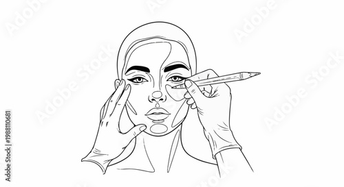 Outline drawing of a person's face being marked for cosmetic procedure