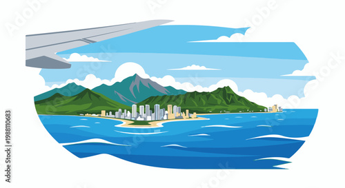 Airplane wing overlooks a coastal city nestled beside green mountains