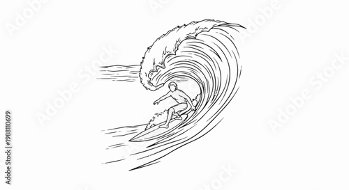 Surfer riding a breaking wave, sketch style