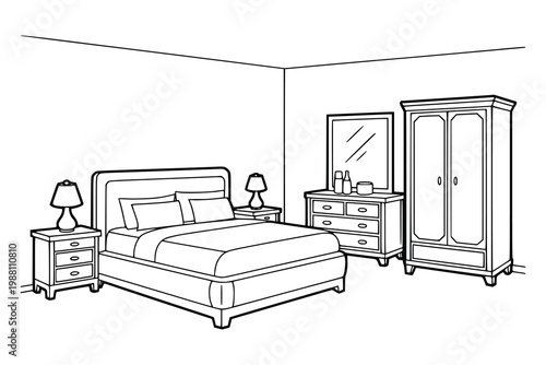 Master bedroom interior scene with large double bed and bedside tables and lamps and vanity mirror and wardrobe vector line art illustration for home renovation and real estate concept.