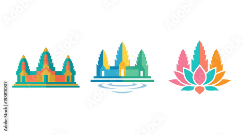 Stylized Vector Set of Cambodian Temples and Lotus