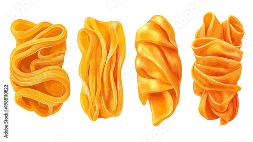 Artistic depiction of four strands of fresh pasta, showcasing its curves and texture