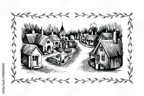 Rustic old town courtyard with traditional timbered houses and church tower framed by decorative leafy branches in vintage woodcut vector illustration of european historic village scenery.