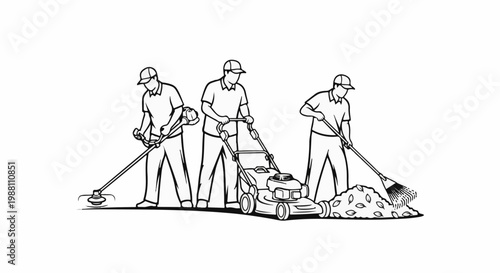 Three workers maintaining a lawn with various tools, a clean illustration