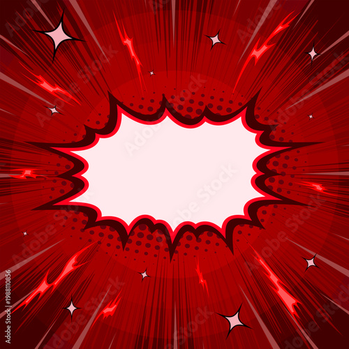 Bright red comic pop art burst with halftone dots, speed lines, and blank speech frame for text. Energetic retro background ideal for posters, ads, and comic designs