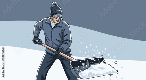 Person in winter attire shoveling snow during snowfall