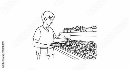 Person serving food from a buffet line with abundant fresh fruits and vegetables