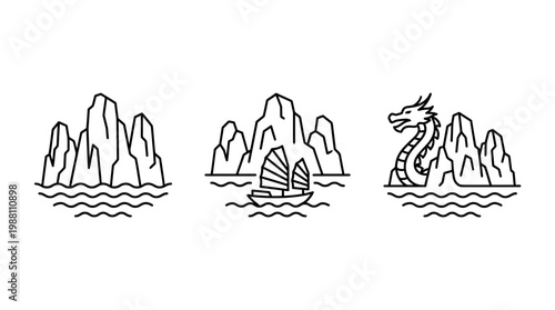 Minimalist Line Art of Asian Landscape Elements