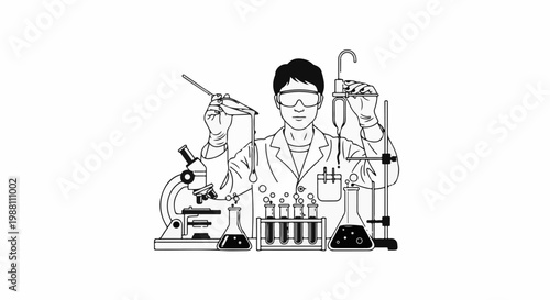 Scientist conducting experiments with beakers, test tubes, and microscope