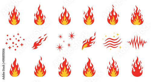 flame, fire, doodle Fire icons, flame symbols, blazing embers, 20 graphics isolated on White Background sticker, icons