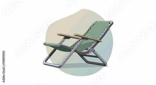 A green reclining lounge chair with wooden armrests on a pastel background