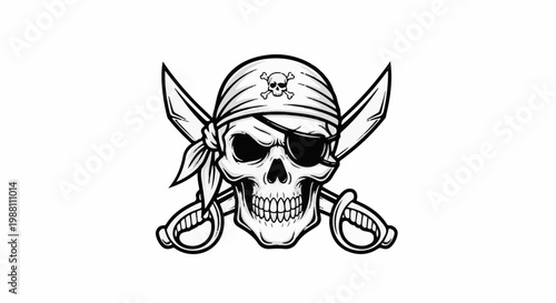 A black and white illustration of a skull with a bandana and crossed swords