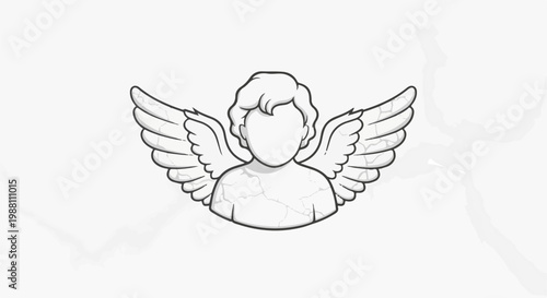 A grayscale illustration of a statue with wings