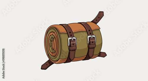 Rolled up camping gear with leather straps and buckles