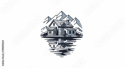 Rustic cabin nestled by mountains, reflected in tranquil water