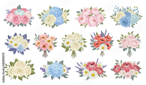 Floral bouquet vector realistic flowers arrangement decorative design set