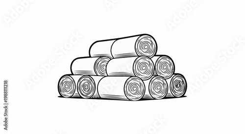 Stack of rolled hay bales in a monochrome sketch style