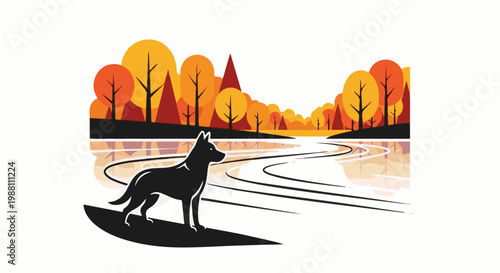 A black dog overlooks a reflective autumnal forest scene with warm colors