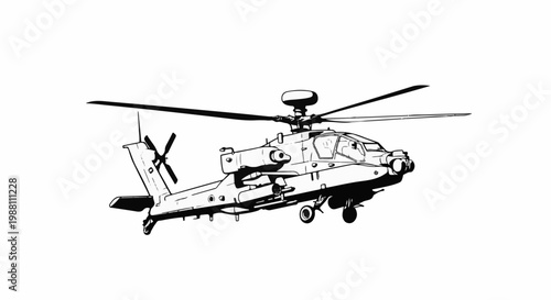 A black and white drawing of a military attack helicopter in flight