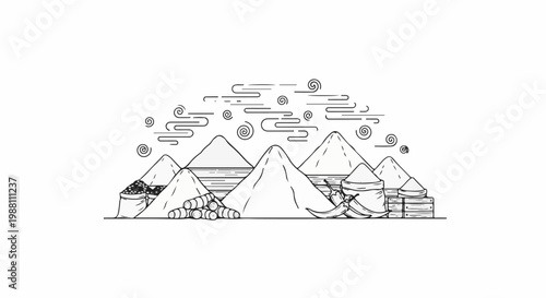 Stylized depiction of conical mounds of spices and produce, with decorative swirling clouds above