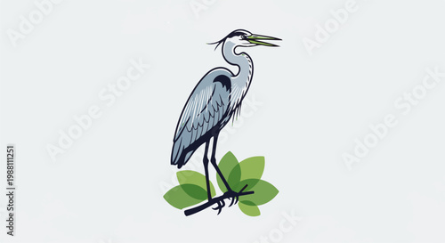 Stylized illustration of a heron standing on a branch with green leaves