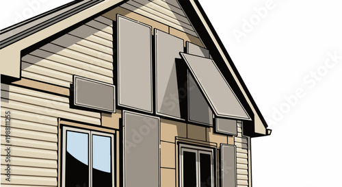 Stylized house exterior with covered windows and siding detail