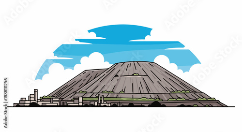 Stylized depiction of industrial waste heaps under a bright blue sky